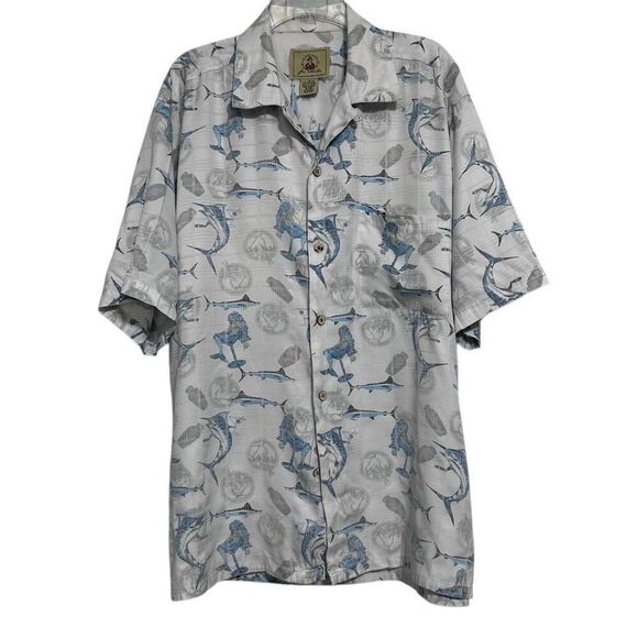 Joe Marlin Shirt Mens XL Gray Blue Marlin Mermaid Print Short Sleeve Button Down - Picture 1 of 14